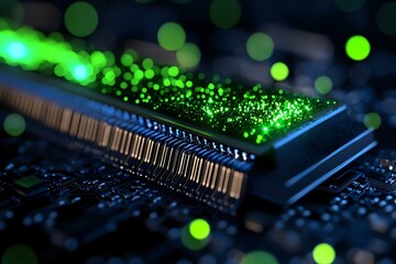 Poster - Computer memory module with glowing green bokeh lights on dark background, close-up view of RAM stick on motherboard circuit showing modern technology.