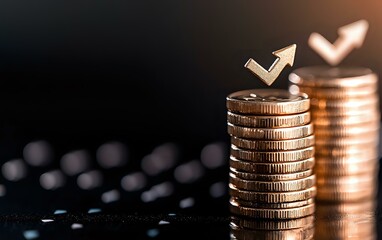 Poster - Stacked coins with upward arrow and heart symbols on dark background showing financial growth, investment success and wealth accumulation concept.