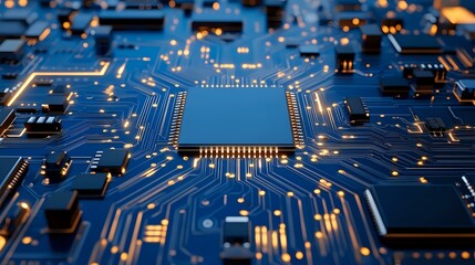 Poster - Microprocessor on blue circuit board with glowing connections and electronic components. Close-up view shows intricate pathways and semiconductor technology.