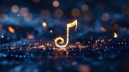 Poster - Glowing golden musical note floating on dark blue background with magical bokeh lights and sparkles, creating dreamy atmospheric composition for music themes.