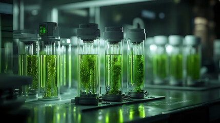 Poster - Green liquid samples in glass test tubes arranged in laboratory setting with dramatic lighting and bokeh effect, scientific research concept for biotechnology studies.