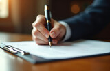 Close-up of hand signing document with pen. Businessman signing a contract in office, agreement on desk. Pen writes on paper. Legal concept of signature. Close-up of hand signing document with pen. Businessman signing a contract in office, agreement on desk. Pen writes on paper. Legal concept of signature.
