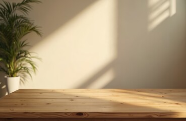 Poster - Wooden table close-up against wall with sunlight. Empty space for product placement, design lifestyle content. Home interior, plant decor. Soft lighting creates calm, minimalist atmosphere, ideal for