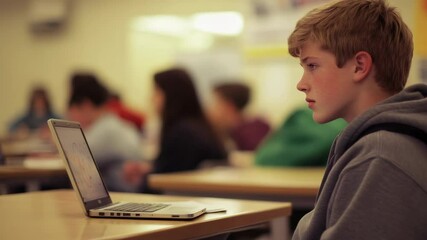 Poster - Blond male pupil engaging with a laptop computer during class, surrounded by classmates and a teacher, all focused on learning and studying in a vibrant classroom environment