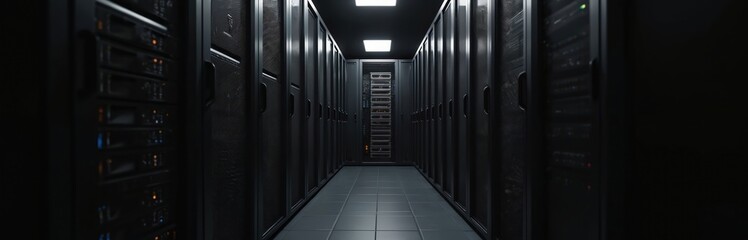 Poster - Dark server room featuring server racks. Modern data center, data storage, hosting, and cloud computing. Infrastructure and network technology equipment, secure information.