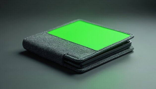 Studio shot of modern wallet with green screen display. Wallet lies closed, ideal to overlay content. Design element for digital artwork, finance, shopping e-commerce. Simple background, monochrome,