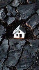 Poster - Miniature white house sinking into cracked earth, capturing the devastating impact of earthquakes and the geological consequences of seismic waves on the landscape