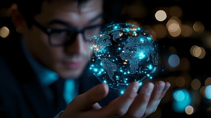 Poster - Asian businessman in suit holding glowing digital globe hologram with network connections, illuminated by blue technology lights against dark background with bokeh effect.