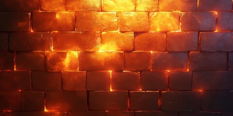 Poster - Vibrant Abstract Fire Brick Wall Texture with Glowing Red Bricks in a Dramatic Grunge Background
