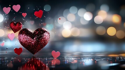 Poster - Glittering red hearts floating over reflective surface with bokeh lights background, romantic Valentine's Day concept with sparkles and dreamy atmosphere.