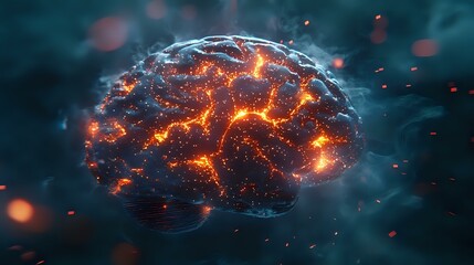 Poster - Glowing brain with fiery neural connections floating in dark smoky space, orange energy sparks and light trails illuminate intricate network patterns against deep blue background.