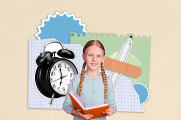Poster - Full 3d art trend collage of happy preteen schoolgirl hold book literature subject preparation alarm clock marker supplies