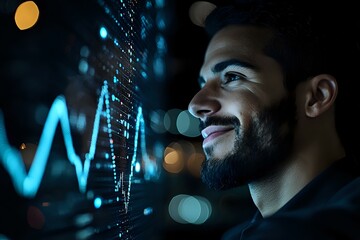 Poster - Middle Eastern businessman smiling while analyzing financial market data on digital screen with glowing blue charts and graphs in dark office environment.