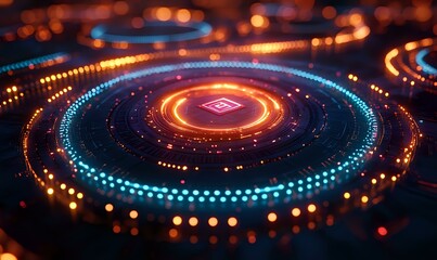 Aufkleber - Glowing neon circles with orange and blue lights creating futuristic concentric patterns against dark background, abstract digital technology concept.