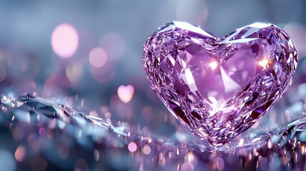 Poster - Crystal heart glowing with purple light against blurred bokeh background, romantic mood with sparkling reflections and dreamy atmosphere. Suitable for Valentine designs.