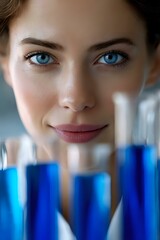Poster - Close up portrait of young female scientist with striking blue eyes behind laboratory test tubes filled with blue liquid, wearing white coat in research lab.