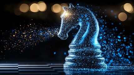 Poster - Glowing blue knight chess piece made of luminous particles against dark background with bokeh lights, symbolizing strategy and intelligence in business.