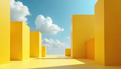 Poster - Abstract yellow architecture under blue sky with clouds. Minimalist geometric design, modern shapes, sunny daylight scene. Bold vibrant colors, contemporary artistic render, creative digital art.