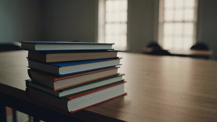 Poster - Vibrant textbooks aligned on wooden classroom surface, highlighting scholarly atmosphere and learning process through organized reading materials