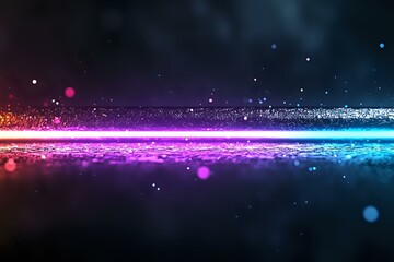 Poster - Abstract glowing neon horizon line with pink and blue light particles reflecting on dark surface, creating magical cosmic atmosphere with bokeh effect.