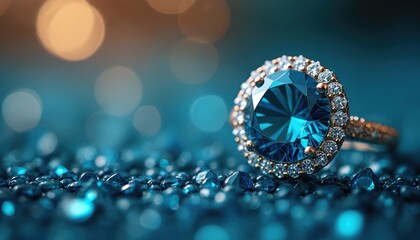 Poster - Blue diamond ring with bokeh background. Jewelry advertisement design. Expensive engagement accessory, fashion glamour. Luxury brilliant sparkle, gemstone. Ideal for wedding, anniversary, holiday,