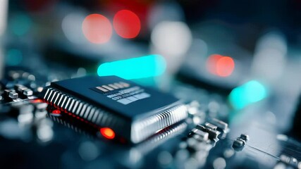 Poster - Macro view of a glowing computer microchip on a circuit board, surrounded by red and teal lights