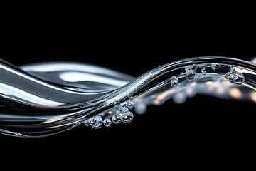 Poster - Elegant flowing water stream with floating transparent bubbles against black background creates dynamic wave pattern for luxury design projects.