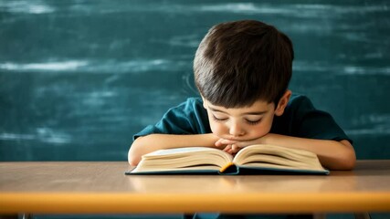 Poster - Elementary school student falling asleep while studying, head resting on a book atop a school desk, surrounded by a clean classroom with a chalkboard in the background
