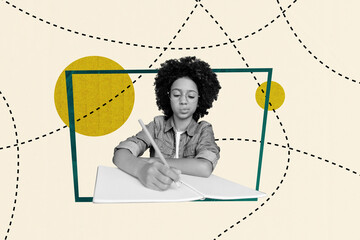Poster - Creative trend artwork design 3D collage sketch of courses college fall lesson classroom young age schoolboy write notebook task homework