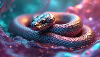 Aufkleber - Coiled iridescent snake illustration. Swirling abstract colors purple, blue, pink, green, yellow. Metallic shiny fluid dynamic shape design. Digital art featuring three-dimensional pattern with