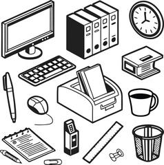 Poster - A clean flat design featuring office supplies like a computer, keyboard, documents, and other stationery for creative work.