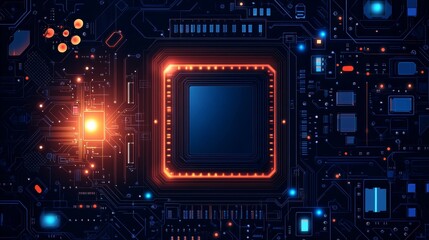 Poster - Futuristic High-Tech Motherboard with Glowing Orange and Blue Pathways in Dark Intricate Pattern