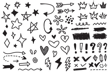 Poster - Handdrawn doodle array stars arrows hearts crowns lightning punctuation shapes and lines