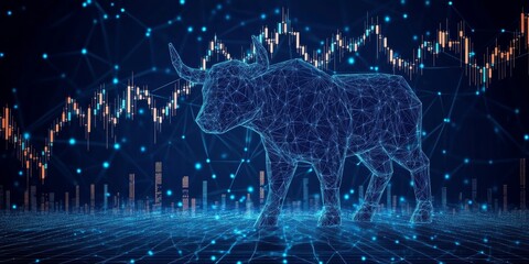 Poster - Polygonal Bull in Cyberspace Representing Bullish Trends on Stock Market with Digital Background