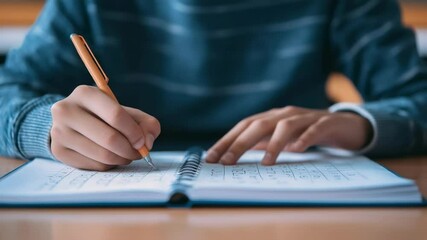 Poster - Elementary school student writing intently in a notebook with a pen, focusing on taking notes during class and engaging in the learning process. Concentration and diligence mark the moment