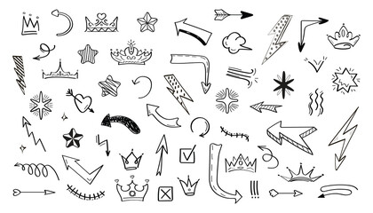 Poster - Handdrawn doodles arrows crowns stars lightning bolts  other elements sketched in black ink on white