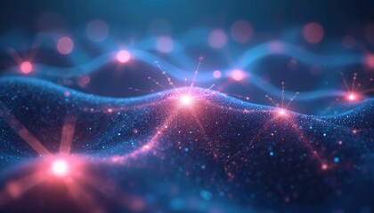 Poster - Digital illustration of glowing neural network. Blue, pink hues, abstract concept representing connection. Futuristic design with nodes, nerve cells. Artificial intelligence, digital art, brain