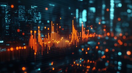 Poster - Financial Analysis Screen with Orange Digits Showing Investment Growth Trends and Volatility Charts