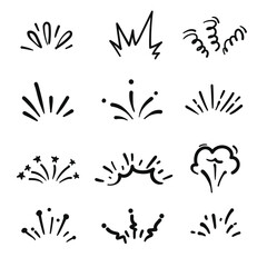 Poster - Twelve handdrawn burst doodles in a grid with black ink on a white background