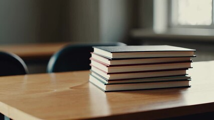 Poster - Several textbooks are neatly stacked on a desk in a vacant classroom, illuminated by natural light from a nearby window, creating a serene back to school atmosphere