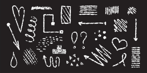Poster - White crayondrawn arrows hearts shapes and punctuation against black background