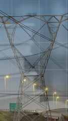Poster - Animation of statistics and data processing with blue lines over electricity pylon and landscape