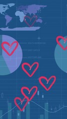 Poster - Animation of financial graphs over hearts floating on blue background
