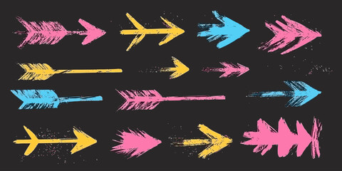 Poster - Colorful rough chalk hand drawn arrows with scribble texture in pink blue and yellow isolated on black background vector illustration set for graphic design elements and decoration