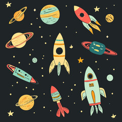 Poster - Hand drawn cartoon rockets and colorful planets with stars in outer space flat minimalist vector illustration for kids science and space exploration concept background