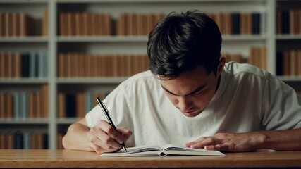 Poster - Diligent student studying intensely, taking detailed notes while sitting surrounded by bookshelves, capturing deep concentration and academic dedication in quiet learning environment