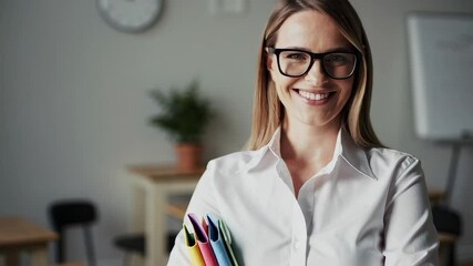 Poster - Happy teacher wearing glasses and white shirt smiles at the camera while holding colorful books, standing in a classroom with desks, clock, and whiteboard