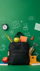 Poster - Black school backpack brimming with colorful supplies like pencils, notebooks, and apples, set against a vibrant green chalkboard adorned with hand drawn illustrations