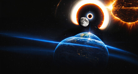 earth sun and moon crushed and stretched as it's pulled into a black hole during final apocalyptic c