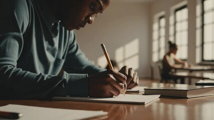 Poster - Natural light illuminates a focused student working diligently at his desk, writing in a notebook with a pencil in a classroom setting, other students blurred in the background